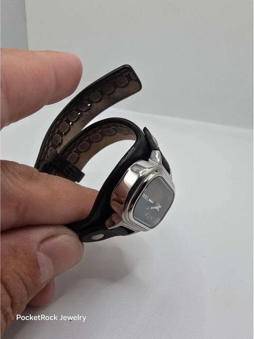 Fossil Women’s Quartz Analog Rectangle Watch Black Dial Silver Case Leather